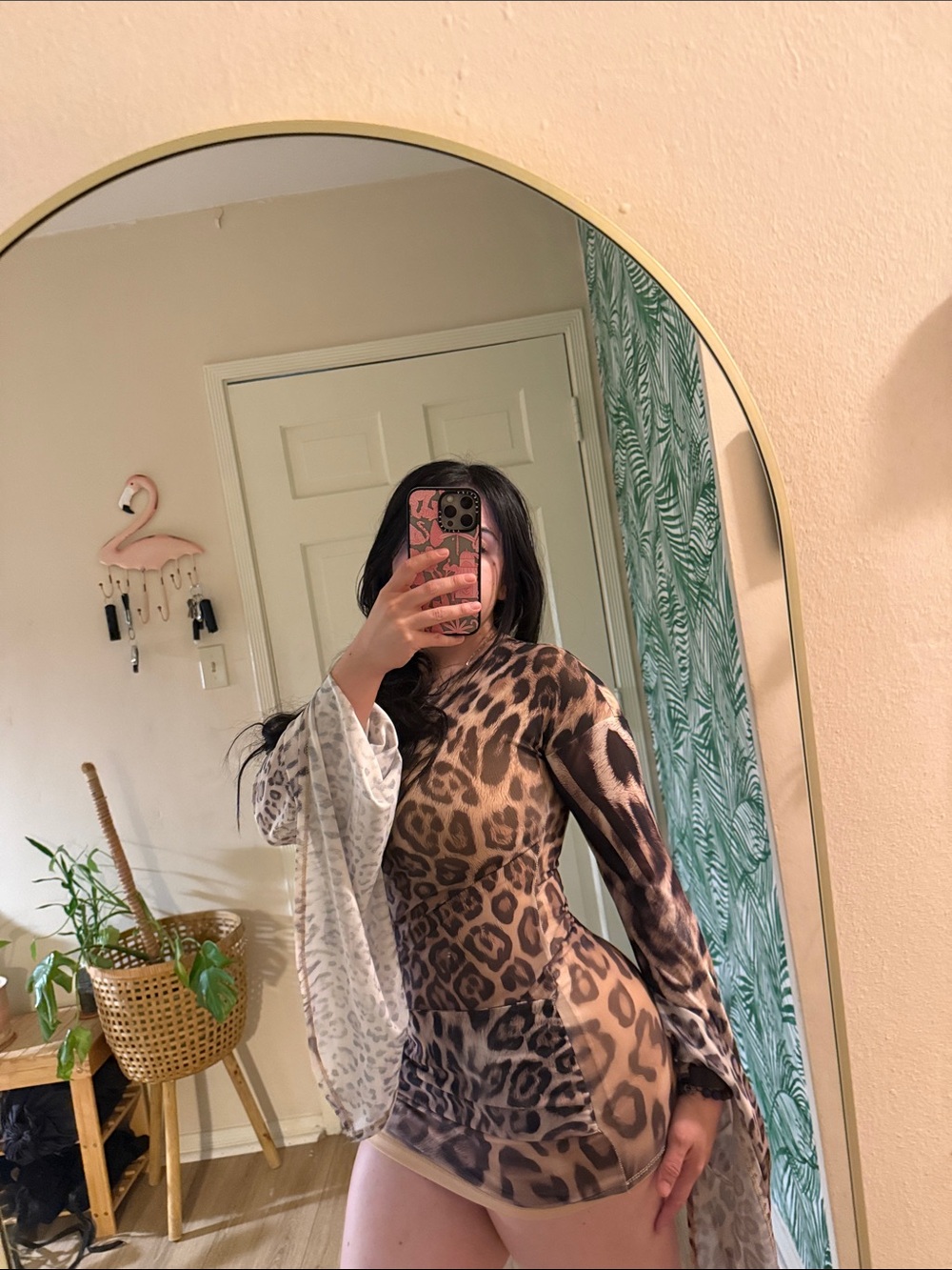 Fashion Nova Leopard Print Asymmetric Sleeve Mini Dress - Brown